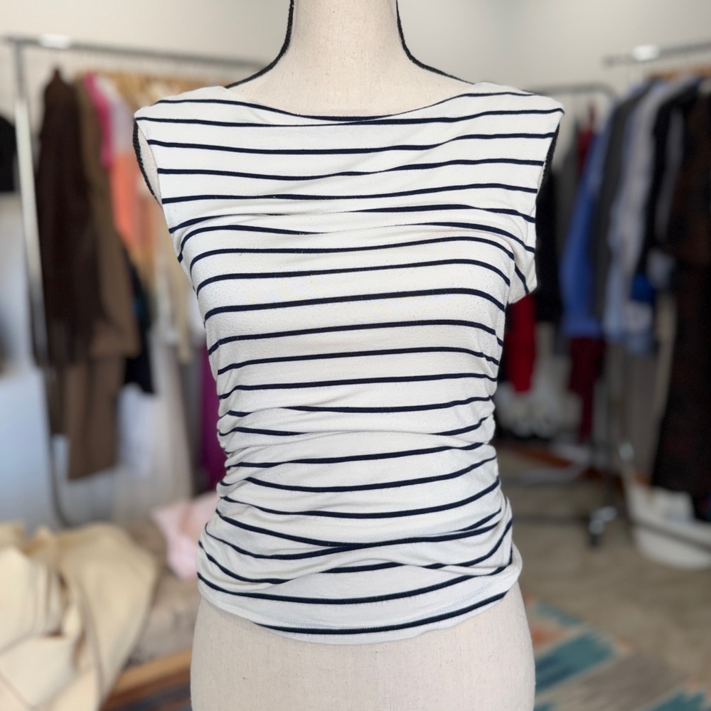 Fifteen Twenty Navy White Striped Tank Top Boat Neck Open Back Made in USA